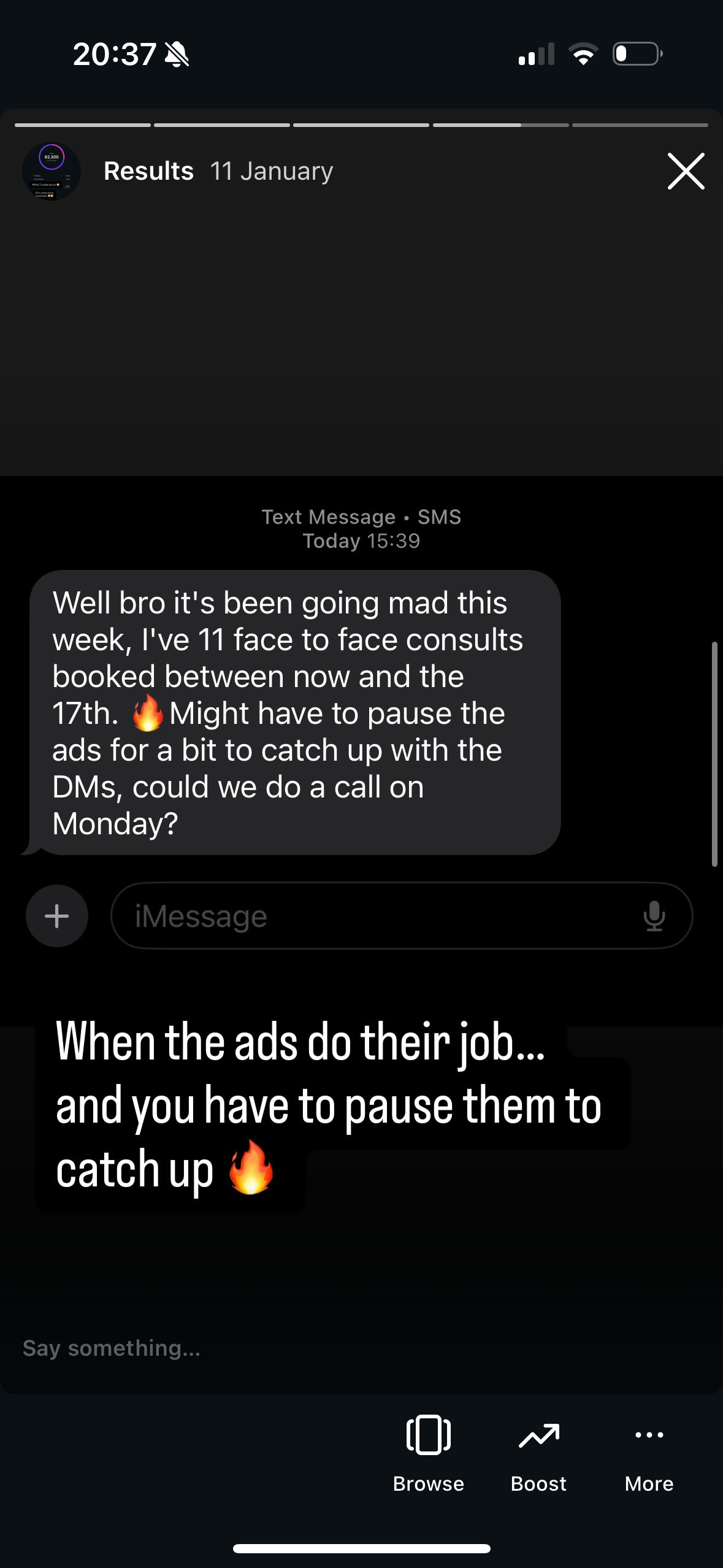 Client message: 11 face to face consults booked in one week